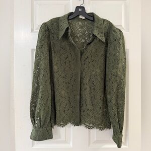 L'AGENCE Olive Green Lace Button-Front Blouse
